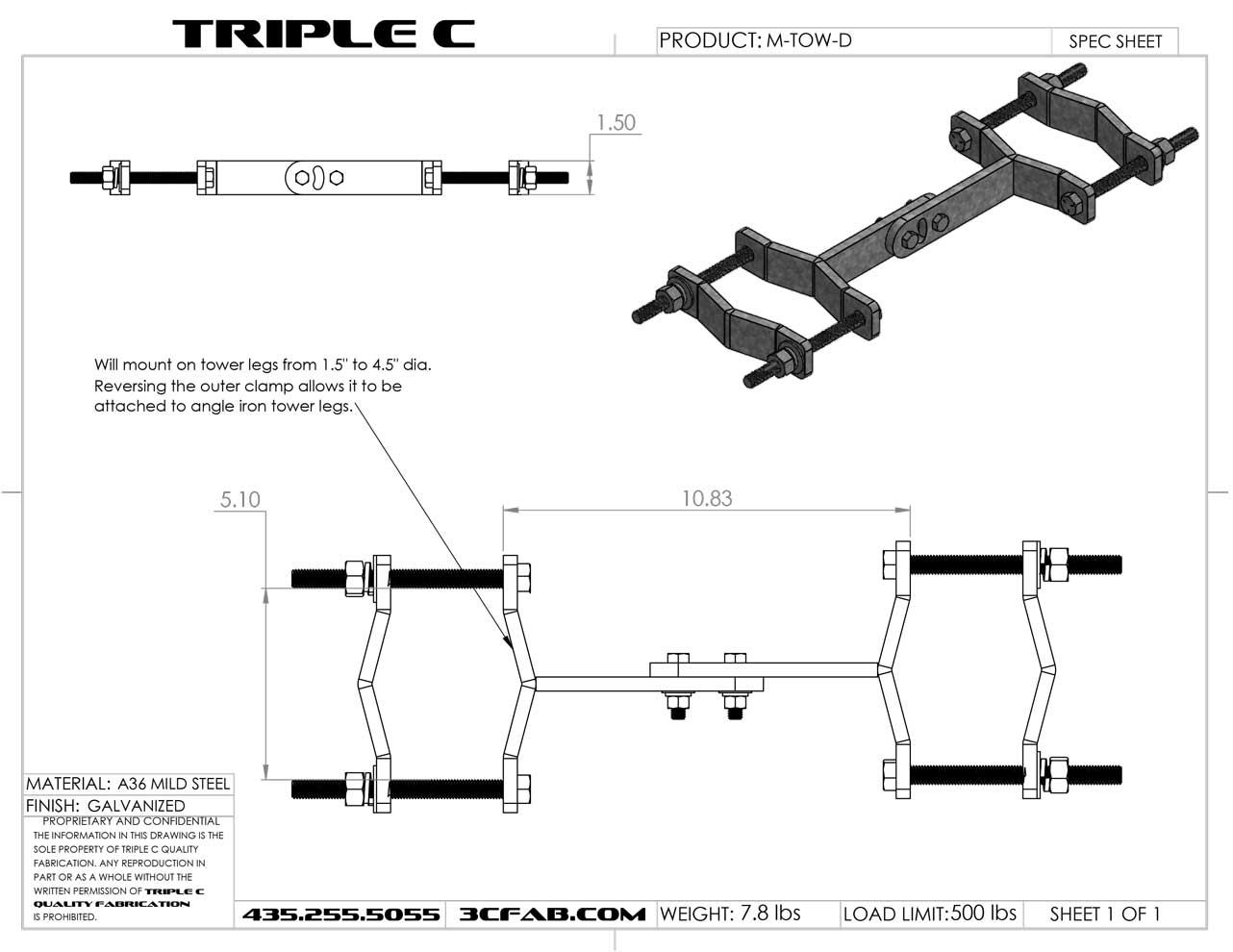 800-M-TOW-D / Double Pipe to Pipe Standoff Tower Mount - TRIPLE C QUALITY FABRICATION